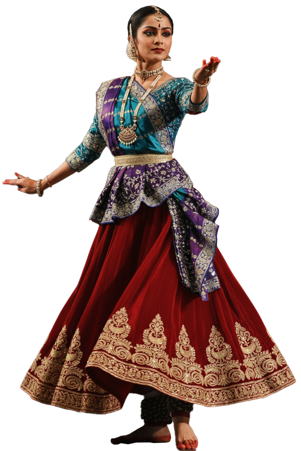 Kathak dancer in a red and green costume